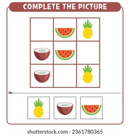 Complete the picture of fruits. Educational game Worksheet for kids Sudoku