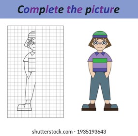 Complete the picture of a funny boy. Copy the picture. Coloring book. Educational game for children. Cartoon vector illustration