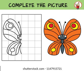 Complete the picture of a funny butterfly. Copy the picture. Coloring book. Educational game for children. Cartoon vector illustration