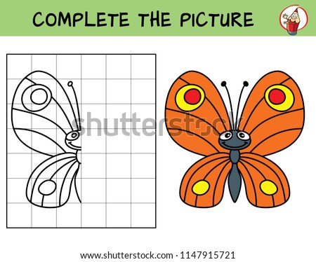 Complete the picture of a funny butterfly. Copy the picture. Coloring book. Educational game for children. Cartoon vector illustration