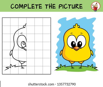 Completa la foto de un pollo gracioso. Copia la imagen. Libro de colorear. Juego educativo para niños. Ilustración vectorial de dibujos animados