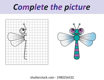 Complete the picture of a funny dragonfly. Copy the picture. Coloring book. Educational game for children. Cartoon vector illustration.