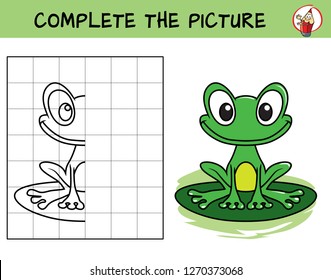 Complete the picture of a funny frog. Copy the picture. Coloring book. Educational game for children. Cartoon vector illustration