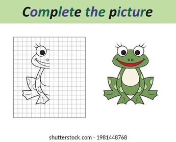 Complete the picture of a funny frog. Copy the picture. Coloring book. Educational game for children. Cartoon vector illustration.