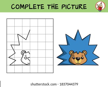 Complete the picture of a funny hedgehog. Copy the picture. Coloring book. Educational game for children. Cartoon vector illustration