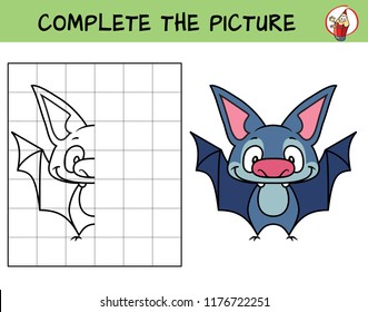 Complete the picture of a funny little bat. Copy the picture. Coloring book. Educational game for children. Cartoon vector illustration