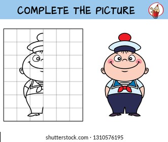 Complete the picture of a funny little sailor. Copy the picture. Coloring book. Educational game for children. Cartoon vector illustration