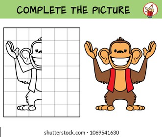 Complete the picture of a funny monkey. Copy the picture. Coloring book. Educational game for children. Cartoon vector illustration