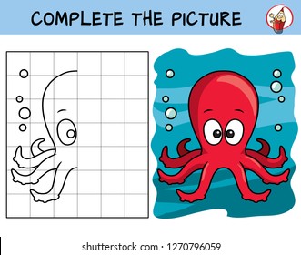 Complete The Picture Of A Funny Octopus. Copy The Picture. Coloring Book. Educational Game For Children. Cartoon Vector Illustration