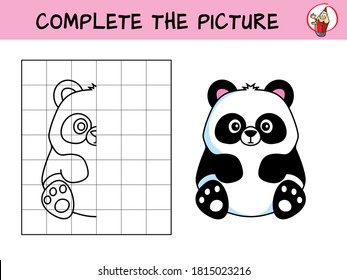 Complete the picture of a funny panda. Copy the picture. Coloring book. Educational game for children. Cartoon vector illustration