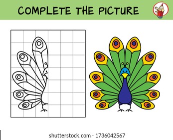 Complete the picture of a funny peacock. Copy the picture. Coloring book. Educational game for children. Cartoon vector illustration