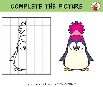 Complete the picture of a funny penguin. Copy the picture. Coloring book. Educational game for children. Cartoon vector illustration