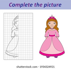 Complete the picture of a funny princess. Copy the picture. Coloring book. Educational game for children. Cartoon vector illustration.