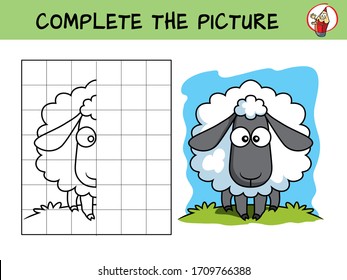 Complete the picture of a funny sheep. Copy the picture. Coloring book. Educational game for children. Cartoon vector illustration