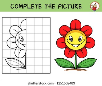 Complete the picture of a funny smiling flower. Copy the picture. Coloring book. Educational game for children. Cartoon vector illustration