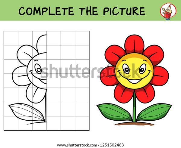 笑顔のおかしな花の絵を完成させなさい 画像をコピーします 塗り絵 子供向けの教育ゲーム 漫画のベクターイラスト のベクター画像素材 ロイヤリティフリー