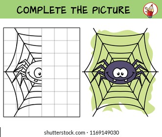 Complete the picture of a funny spider. Copy the picture. Coloring book. Educational game for children. Cartoon vector illustration