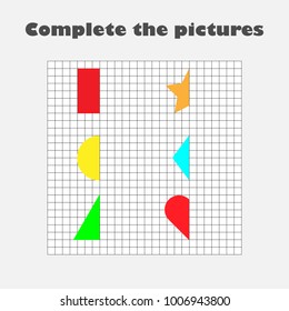 Complete the picture, geometric shapes, drawing skills training, educational paper game for the development of children,  kids preschool activity, printable worksheet, vector illustration

