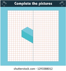 Complete the picture, geometric shapes, drawing skills training, educational paper game for the development of children, kids preschool activity, printable worksheet, vector illustration - Vektör