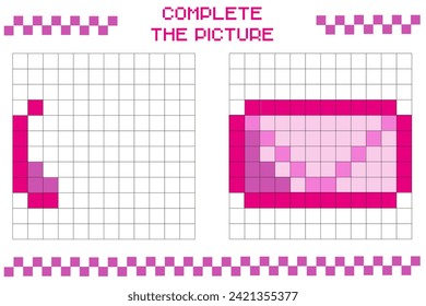 Complete the picture, complete the grid image. Coloring cellular areas. Children's games. Cartoon vector illustration. Pink letter.
Educational cards for children. Pixel art. Mosaic for children.
