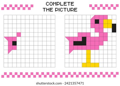 Complete the picture, complete the grid image. Coloring cellular areas. Children's games. Cartoon vector illustration. Pink flamingo.
Educational cards for children. Pixel art. Mosaic for children.
