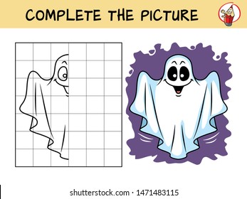 Complete the picture of a halloween ghost. Copy the picture. Coloring book. Educational game for children. Cartoon vector illustration