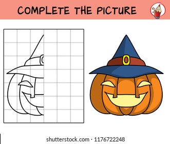 Complete the picture of a halloween pumpkin. Copy the picture. Coloring book. Educational game for children. Cartoon vector illustration