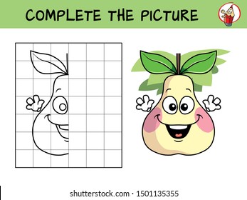 Complete the picture of a happy smiling pear. Copy the picture. Coloring book. Educational game for children. Cartoon vector illustration