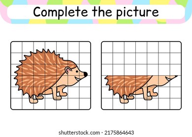 Complete the picture hedgehog. Copy the picture and color. Finish the image. Coloring book. Educational drawing exercise game for children. Vector illustration