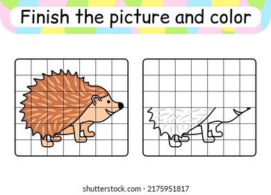 Complete the picture hedgehog. Copy the picture and color. Finish the image. Coloring book. Educational drawing exercise game for children. Vector illustration