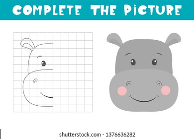 Complete the picture of a hippo. Copy the picture. Coloring book. Children art game for activity page.
