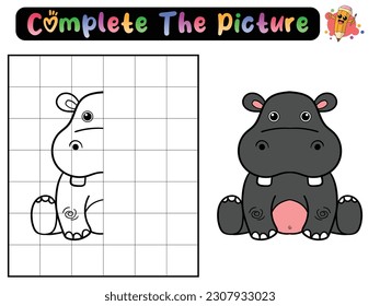 Complete the picture of a hippo. Copy the picture. Coloring book. Educational game for children. Cartoon vector illustration