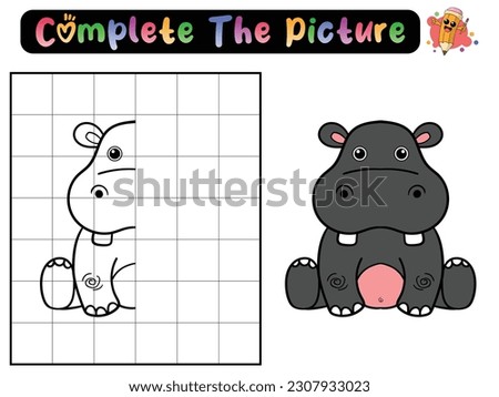 Complete the picture of a hippo. Copy the picture. Coloring book. Educational game for children. Cartoon vector illustration