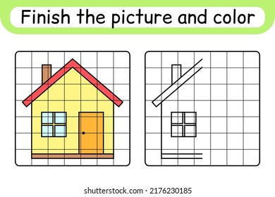 Complete the picture home. Copy the picture and color. Finish the image. Coloring book. Educational drawing exercise game for children. Vector illustration