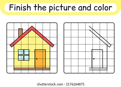 Complete the picture home. Copy the picture and color. Finish the image. Coloring book. Educational drawing exercise game for children. Vector illustration
