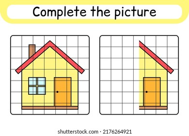 Complete the picture home. Copy the picture and color. Finish the image. Coloring book. Educational drawing exercise game for children. Vector illustration