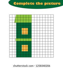 Complete the picture, house in cartoon style, drawing skills training, educational paper game for the development of children, kids preschool activity, printable worksheet, vector illustration