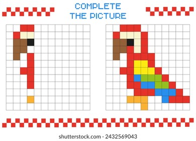 Completa la imagen, completa la imagen de la cuadrícula. Colorear las áreas celulares. Juegos para niños. Loro. Tarjetas educativas para niños.Pixel art. Mosaico para niños