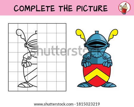 Complete the picture of a knight. Copy the picture. Coloring book. Educational game for children. Cartoon vector illustration