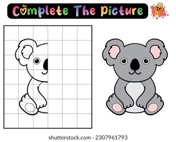 Complete the picture of a koala. Copy the picture. Coloring book. Educational game for children. Cartoon vector illustration