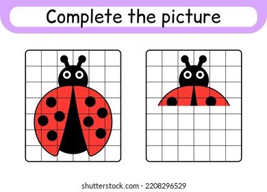 Complete the picture ladybug. Copy the picture and color. Finish the image. Coloring book. Educational drawing exercise game for children. Vector illustration
