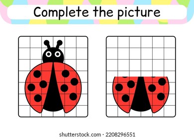 Complete the picture ladybug. Copy the picture and color. Finish the image. Coloring book. Educational drawing exercise game for children. Vector illustration