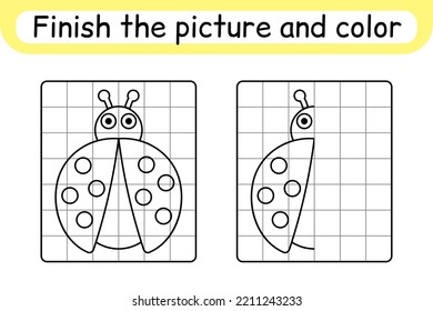 Complete the picture ladybug. Copy the picture and color. Finish the image. Coloring book. Educational drawing exercise game for children. Vector illustration