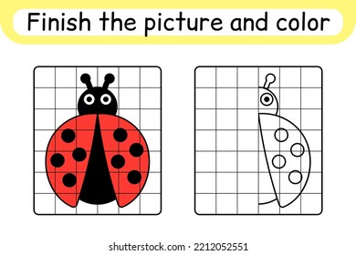 Complete the picture ladybug. Copy the picture and color. Finish the image. Coloring book. Educational drawing exercise game for children. Vector illustration