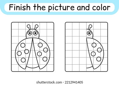 Complete the picture ladybug. Copy the picture and color. Finish the image. Coloring book. Educational drawing exercise game for children. Vector illustration