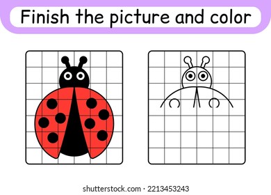 Complete the picture ladybug. Copy the picture and color. Finish the image. Coloring book. Educational drawing exercise game for children. Vector illustration
