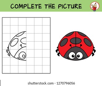 Complete the picture of a ladybug. Copy the picture. Coloring book. Educational game for children. Cartoon vector illustration