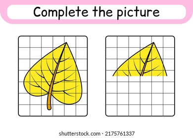 Complete the picture leaf birch. Copy the picture and color. Finish the image. Coloring book. Educational drawing exercise game for children. Vector illustration