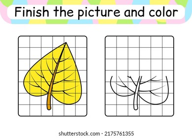 Complete the picture leaf birch. Copy the picture and color. Finish the image. Coloring book. Educational drawing exercise game for children. Vector illustration