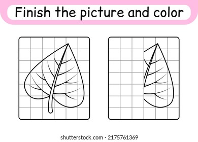 Complete the picture leaf birch. Copy the picture and color. Finish the image. Coloring book. Educational drawing exercise game for children. Vector illustration